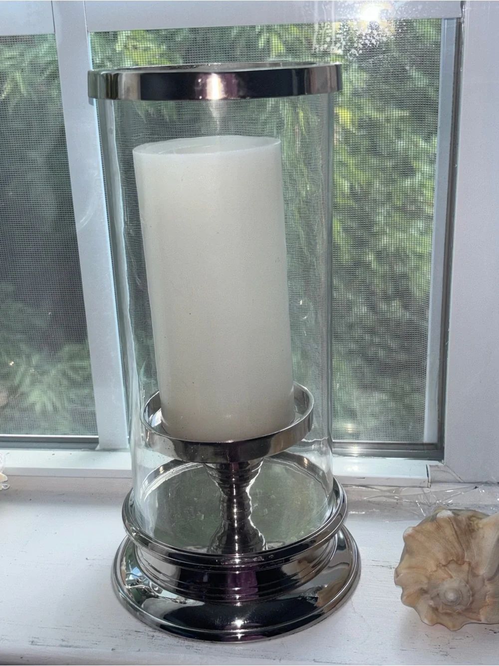 Silver Glass Hurricane Candle Holder with White Pillar Candle